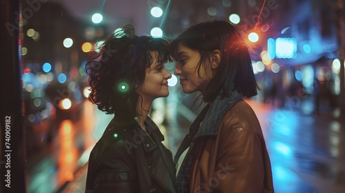 Two Women Embracing on a City Street at Night in the Style of Queer Academia