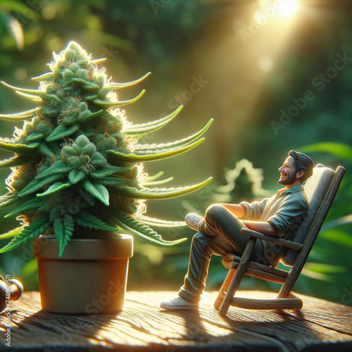 person sitting on a chair with a cannabis plant photo