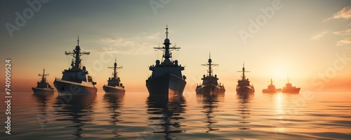 Naval fleet silhouetted against sunset on calm ocean waterscape backdrop. Concept Naval Fleet, Sunset, Ocean, Silhouette, Waterscape, photo