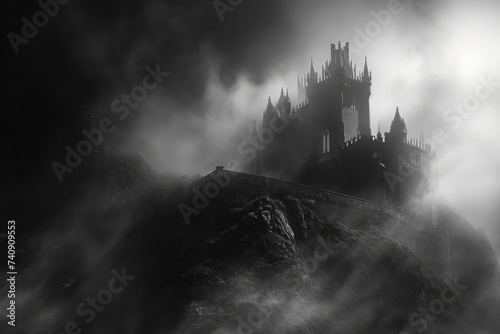 A castle shrouded in fog, captured in black and white, Gothic vampire castle enveloped in fog, AI Generated