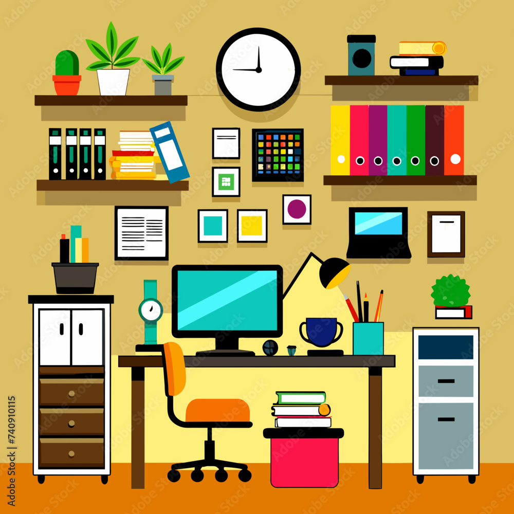 Vector Illustration: Office Workplace Concept - Where Ideas Flourish and Collaboration Thrives