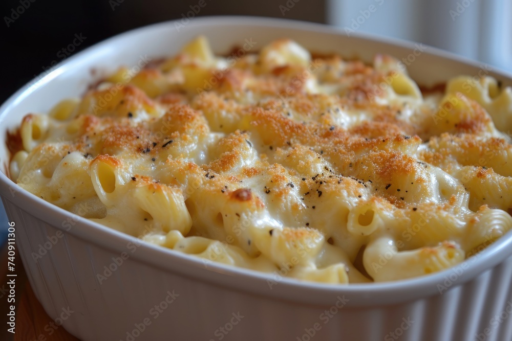 A mouthwatering dish of macaroni and cheese placed on a table, showcasing its cheesy goodness, Gourmet truffle mac and cheese in a white ceramic dish, AI Generated