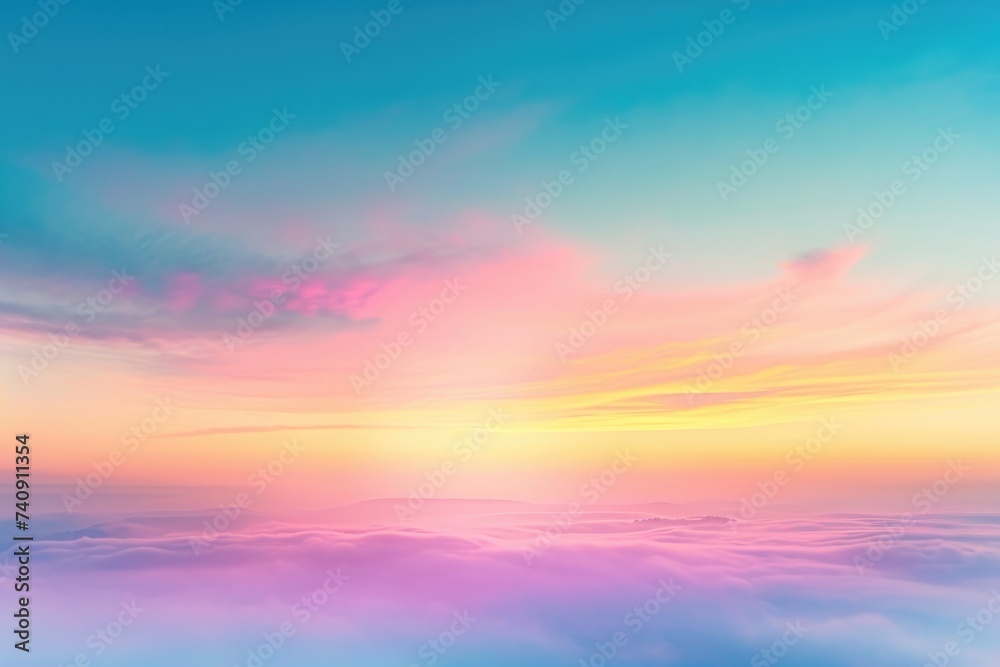 This photo captures a clear view of the sky and clouds as seen from the window of an airplane flying at high altitude, Gradient abstract sunrise with misty fog, AI Generated