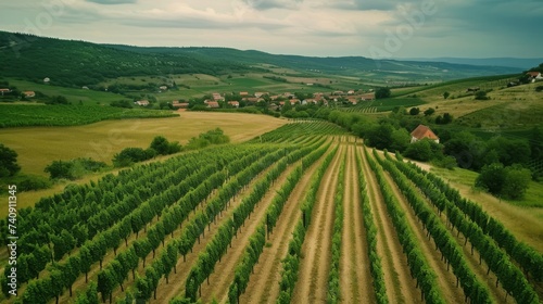 Aerial View of a Lush Vineyard in Summer for Agricultural Landscapes