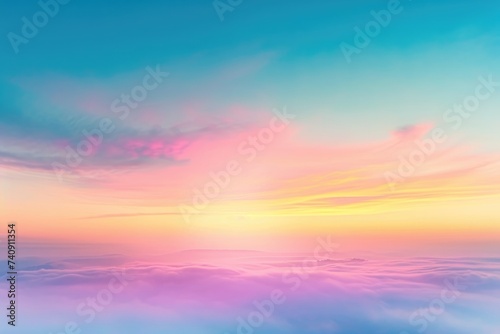 This photo captures a clear view of the sky and clouds as seen from the window of an airplane flying at high altitude, Gradient abstract sunrise with misty fog, AI Generated