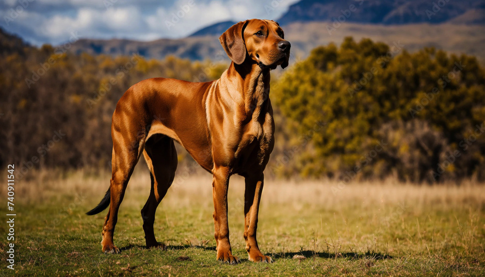 The Rhodesian Ridgeback dog poses with his whole body in nature The Rhodesian Ridgeback dog poses with his whole body in nature
