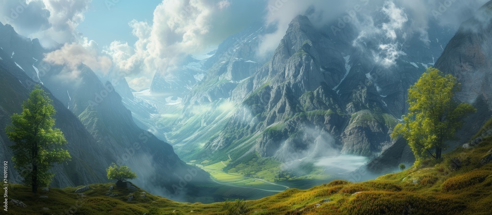 A picturesque landscape painting featuring a mountain valley with lush trees, towering mountains, and fluffy cumulus clouds in the sky - obrazy, fototapety, plakaty 