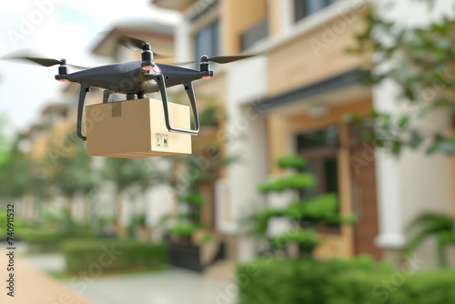 Smart package Drone Delivery mass transit. Box shipping drone vertiports parcel cupcake box transportation. Logistic tech cargo drone mobility advanced transportation