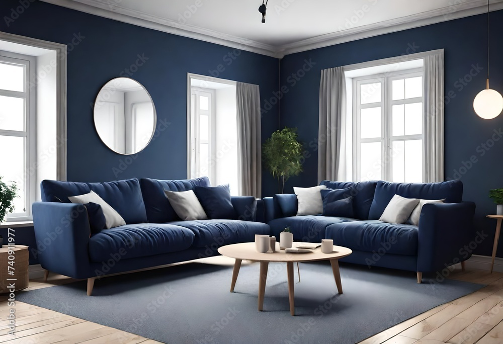 Dark blue sofa and recliner chair in scandinavian apartment. Interior design of modern living room. AI generated