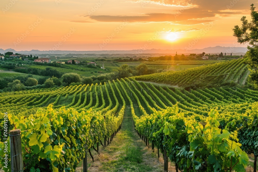 A scenic photo capturing the sun setting over a vineyard, with rows of grapevines in the foreground, Grape vineyards in the countryside under an orange sunset sky, AI Generated