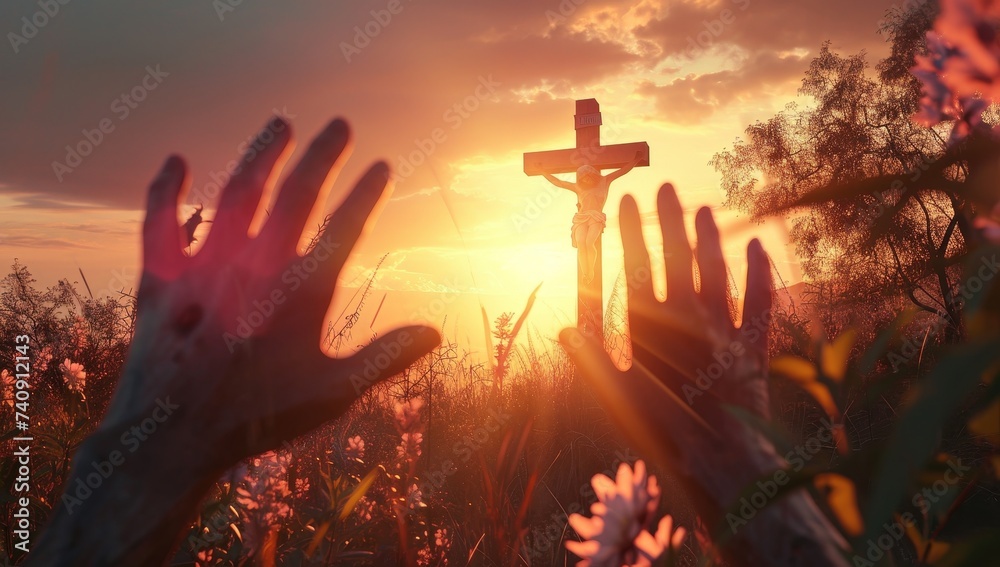 Silhouette of hands on the background of the cross and sunset - obrazy, fototapety, plakaty 