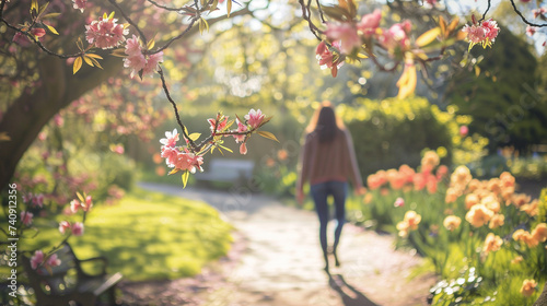 A woman enjoying a leisurely walk in a park admiring the spring blooms and soaking up the sunshine