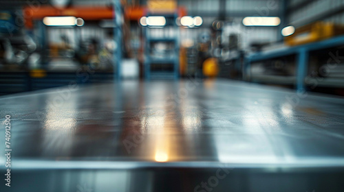 A metal blank tabletop with blurred automotive tools and parts in the background suitable for promoting automotive products photo