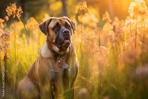 Boerboel dog sitting in meadow field surrounded by vibrant wildflowers and grass on sunny day ai generated