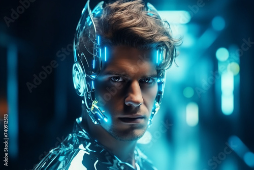 Futuristic portrait of a male in neon holograms, android cyborg as a concept of nearest future technologies. Innovative robotics and Artificial Intelligence in daily life photo