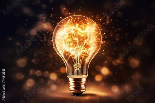 Glass Light Bulb is sparkling with Ideas Explode out of Head. Concept Creative work of abstract background to inspire thinking and innovate new golden way