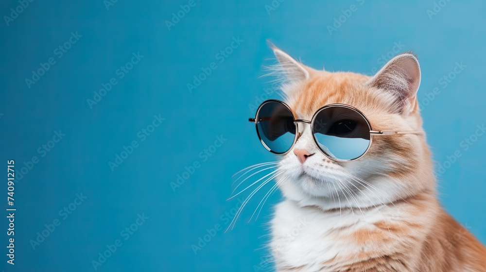 Cool rich successful cat with sunglasses isolated on blue background