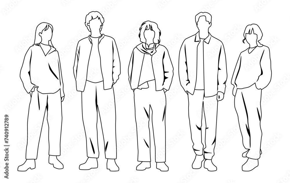 Vector silhouettes of men and a women, a group of standing business people, linear sketch, black and white color isolated on white background Vector silhouettes of men and a women, a group of standing business people, linear sketch, black and white color isolated on white background