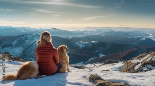 golden retriever dog on top of a mountain during winter watching a beautiful landscape