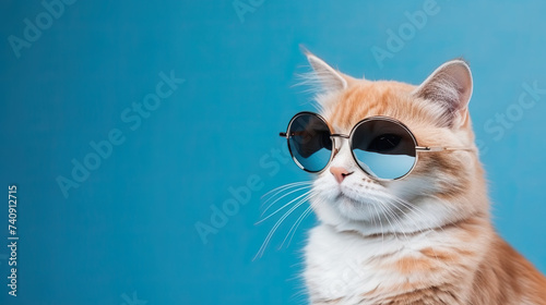 Cool rich successful cat with sunglasses isolated on blue background