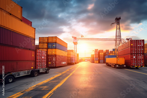 Industrial Container yard for Logistic Import Export business and Forklift truck handling cargo shipping container box in logistic shipping yard with cargo container stack, Crane lifting up container 