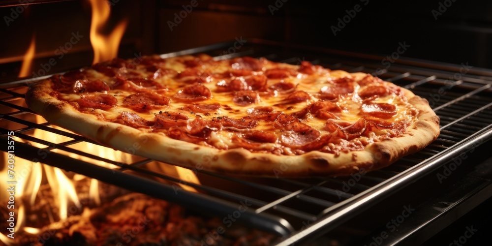 Pepperoni pizza cooking in a traditional oven with open flames Pepperoni pizza cooking in a traditional oven with open flames