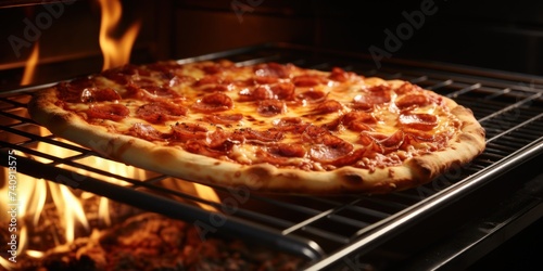 Pepperoni pizza cooking in a traditional oven with open flames