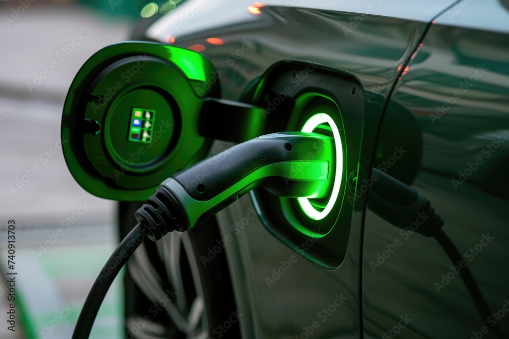 An electric car is actively charging at a designated charging station, connected through a charging cable, Green light alerting the full charge of an electric vehicle, AI Generated An electric car is actively charging at a designated charging station, connected through a charging cable, Green light alerting the full charge of an electric vehicle, AI Generated