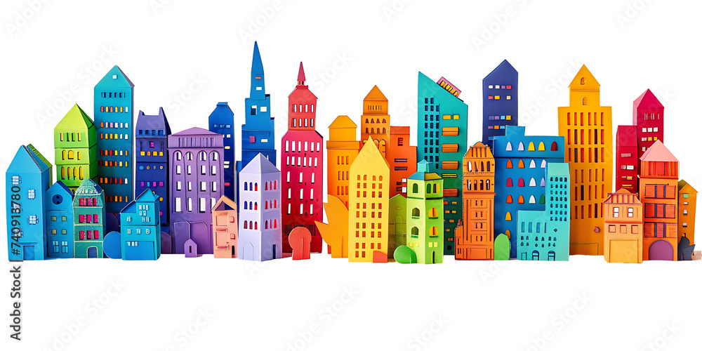 Paper Cut Style of colorful buildings and cities on transparent background PNG
