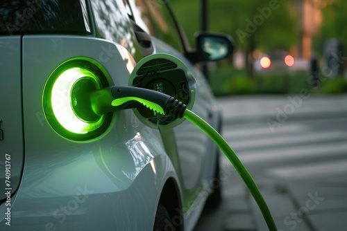 An electric vehicle is being charged by a charger at a dedicated charging station, Green light alerting the full charge of an electric vehicle, AI Generated photo