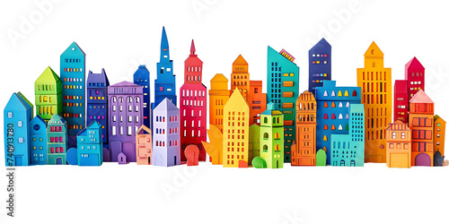 Paper Cut Style of colorful buildings and cities on transparent background PNG