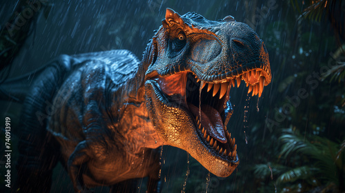 T-rex roaring fiercely against a backdrop of an ancient, dense Jurassic jungle under a dark, stormy night sky. Rain pours heavily. © OHMAl2T