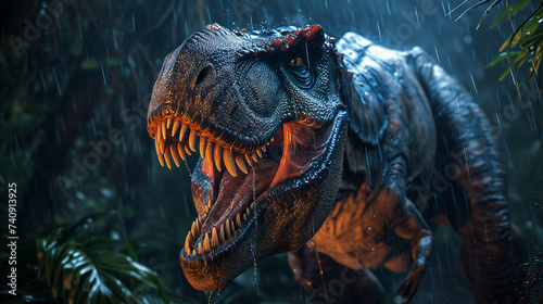 T-rex roaring fiercely against a backdrop of an ancient  dense Jurassic jungle under a dark  stormy night sky. Rain pours heavily.