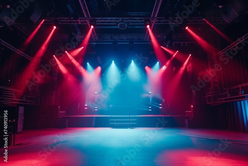 A Live stage production overhead trusses and lighting in a live venue. Stage rigging equipment. hand edited generative AI.