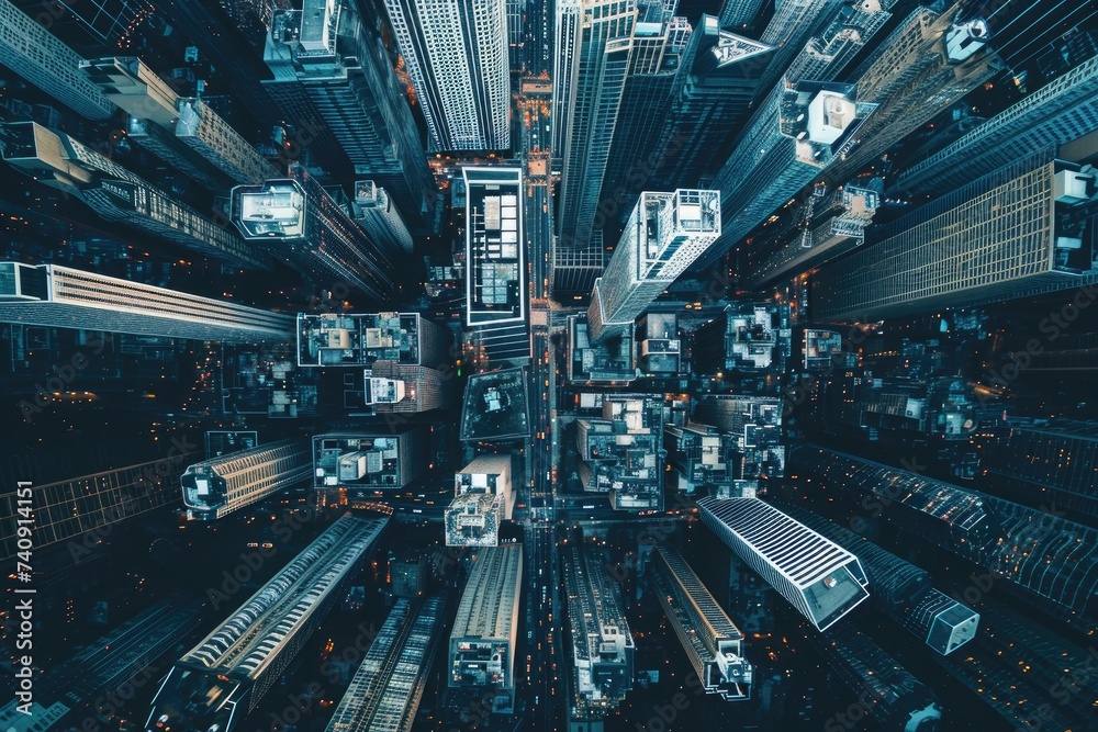 Aerial View of a Lit City Skyline at Night, Grid-like alignment of city skyscrapers forming a concrete jungle, AI Generated