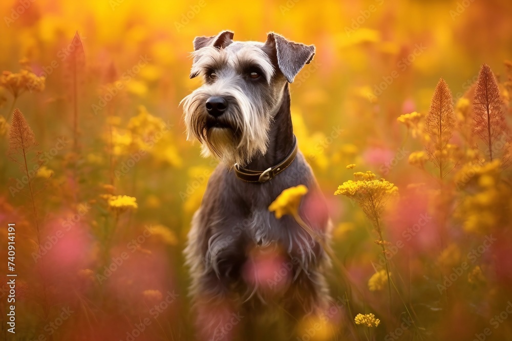 Standard schnauzer dog sitting in meadow field surrounded by vibrant wildflowers and grass on sunny day ai generated