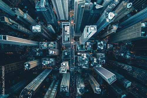 Aerial View of a Lit City Skyline at Night, Grid-like alignment of city skyscrapers forming a concrete jungle, AI Generated