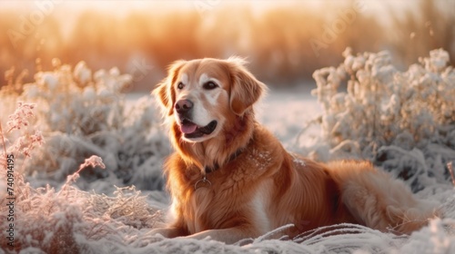 A beautiful Golden Retriever sitting amid a gorgeous winter landscape.