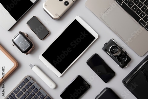 A table covered in a variety of electronics including laptops, tablets, smartphones, headphones, and gaming consoles, Grid-style layout of various smart devices in a minimalist design, AI Generated photo