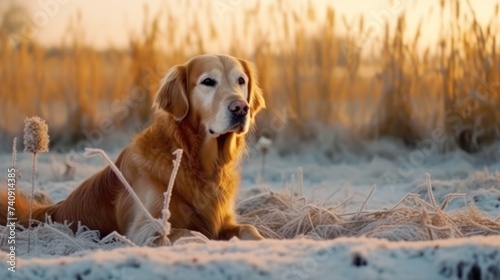 A beautiful Golden Retriever sitting amid a gorgeous winter landscape.