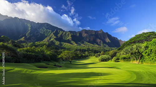 a green golf course with mountains in the background