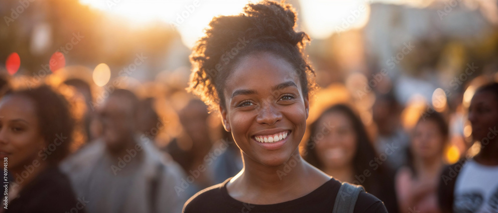 Young African-American woman with a joyful smile in a sunset crowd