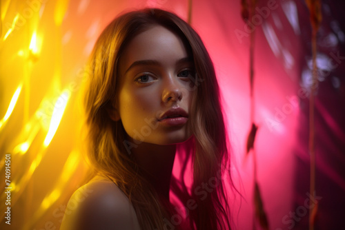 Portrait of woman with yellow and pink light