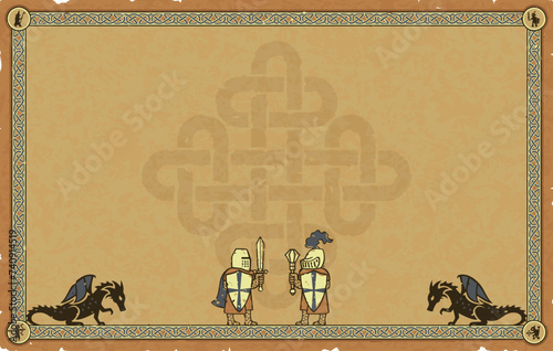 Medieval Parchment with Knights, Dragons, Diamond Celtic Knot