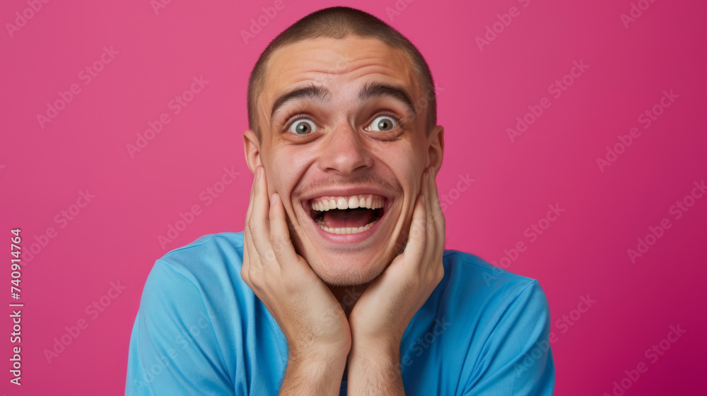 close-up of a young man with a joyful and surprised expression, hands on his cheeks, against a vibrant pink background. close-up of a young man with a joyful and surprised expression, hands on his cheeks, against a vibrant pink background.