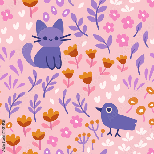 Cute vector seamless pattern with cute animals and floral elements. Cartoon beautiful background.