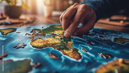 Man placing a puzzle piece on a colorful world map