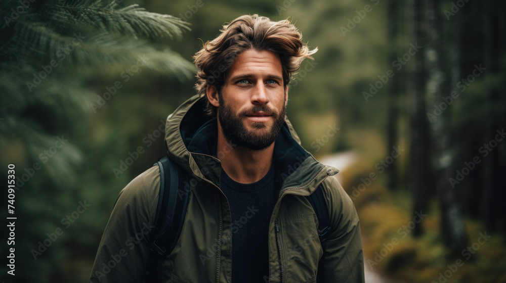 portrait of attractive young man hiking in nature - obrazy, fototapety, plakaty 