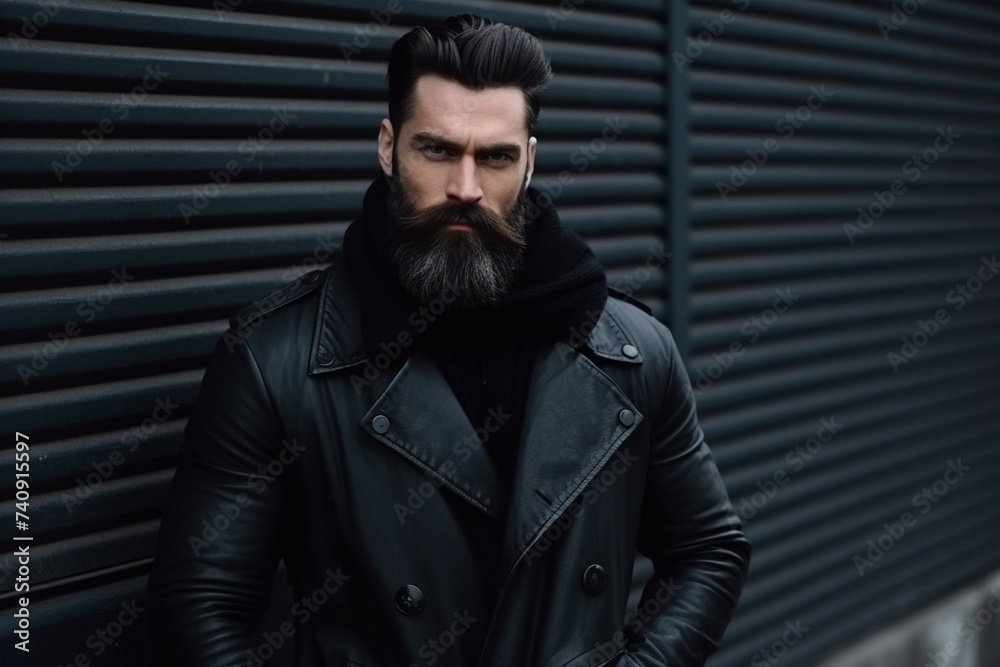 Obraz premium Stylish young man with a hairdo and beard in a trendy black coat posing near a metal wall