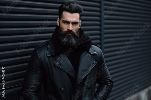 Stylish young man with a hairdo and beard in a trendy black coat posing near a metal wall